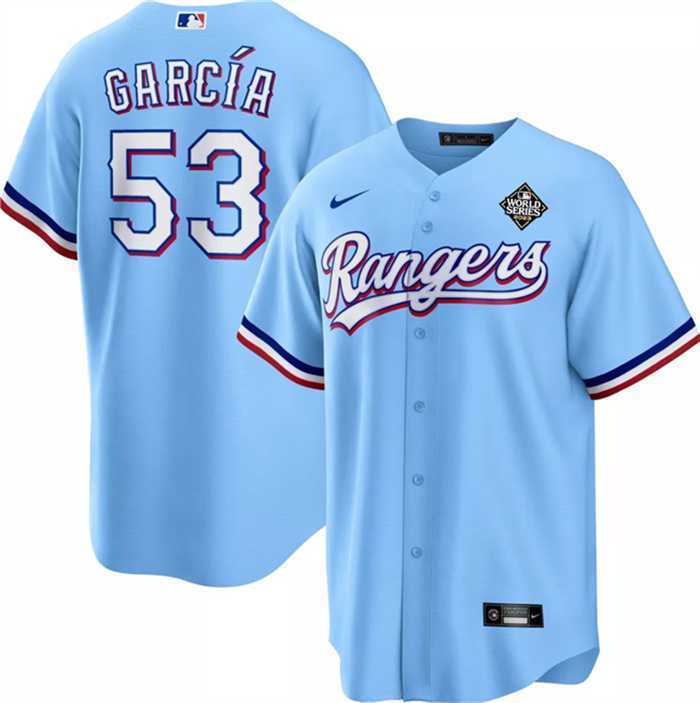 Men%27s Texas Rangers #53 Adolis Garcia Blue 2023 World Series Cool Base Stitched Baseball Jersey Dzhi